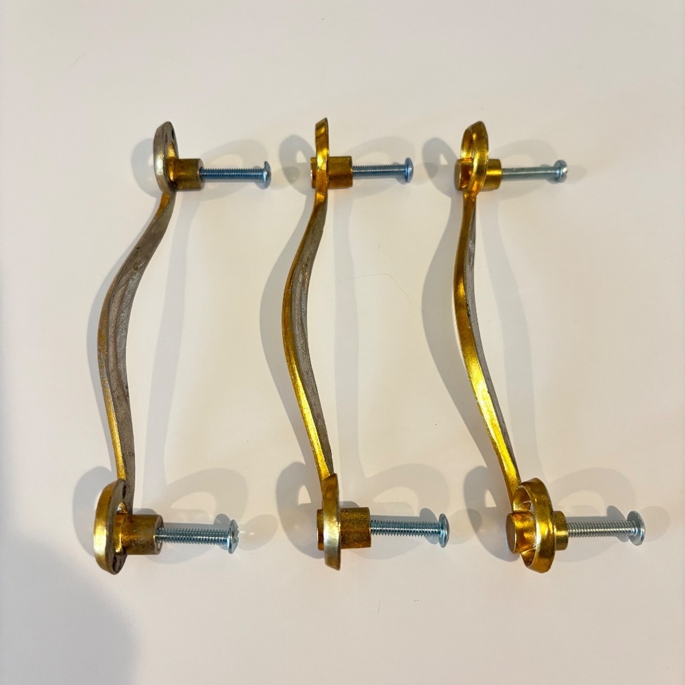 MCM Set of THREE drawer pulls mid century dresser handles gold toned 5.5" wide - Picture 12 of 12